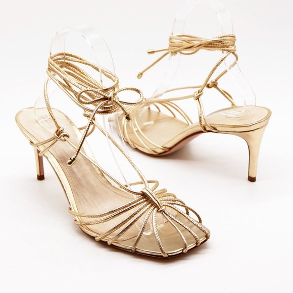Porte & Paire Net-a-porter Gold Metallic Leather Sandals Lace Up Strappy 39 $280 - Picture 1 of 16